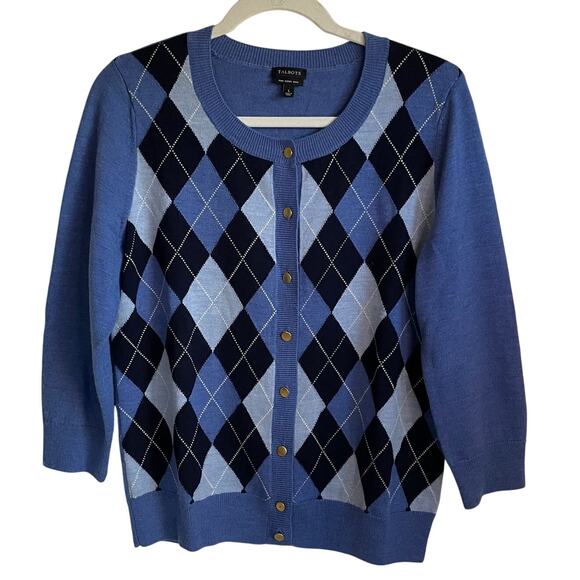 Talbots Argyle Cardigan Sweater Pure Merino Wool Blues 3/4 Sleeve Sz L Preppy - Picture 1 of 7
